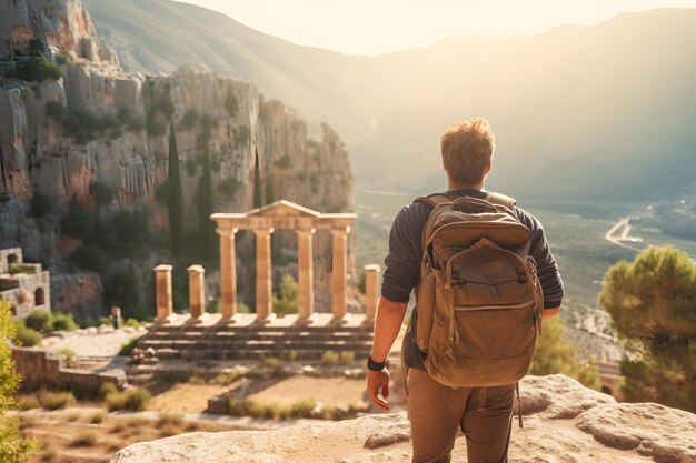 Homem turista com mochila em férias na fonte das Ruínas Antigas