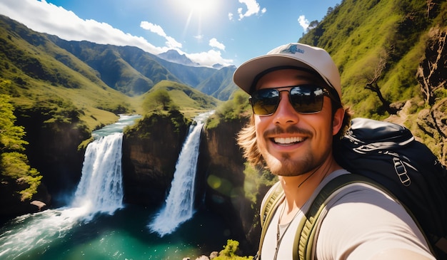 Homem turista em frente à cachoeira