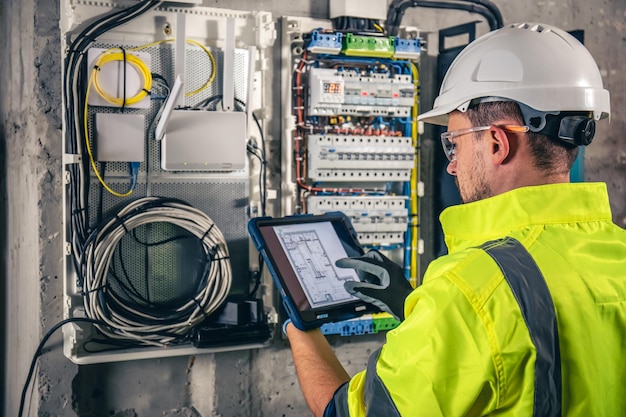 Foto homem um técnico elétrico que trabalha em um quadro de distribuição com fusíveis usa um tablet