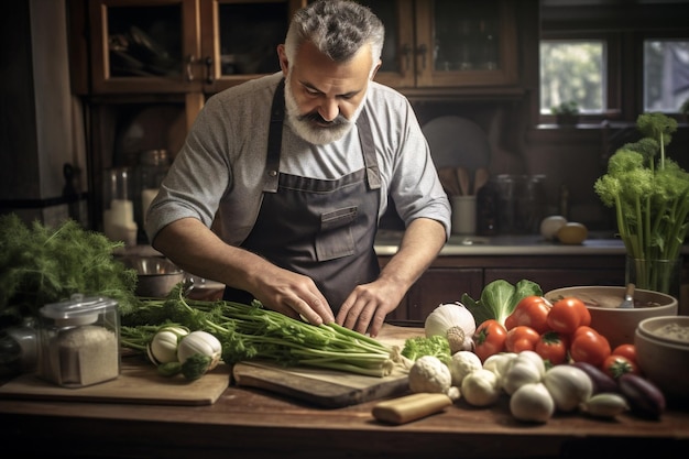 Homem uniforme de cozinha homem casa restaurante chefe de cozinha profissão jantar comida profissional feliz