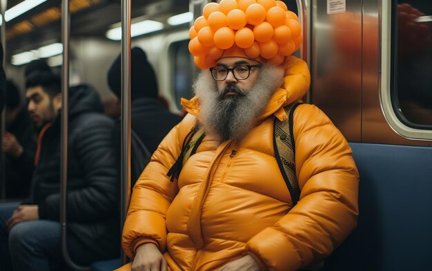 Homem urbano usando fones de ouvido na IA generativa do metrô de Nova York