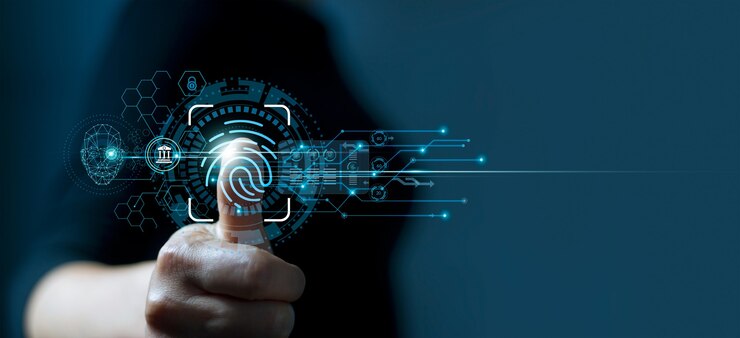 Homem usando a identificação de impressão digital para acessar dados financeiros pessoais Ekyc biometrics security