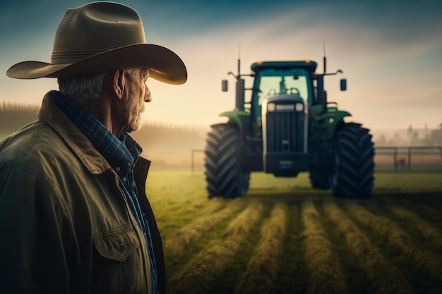 Foto homem usando chapéu de cowboy parado na frente do trator em campo verde generative ai