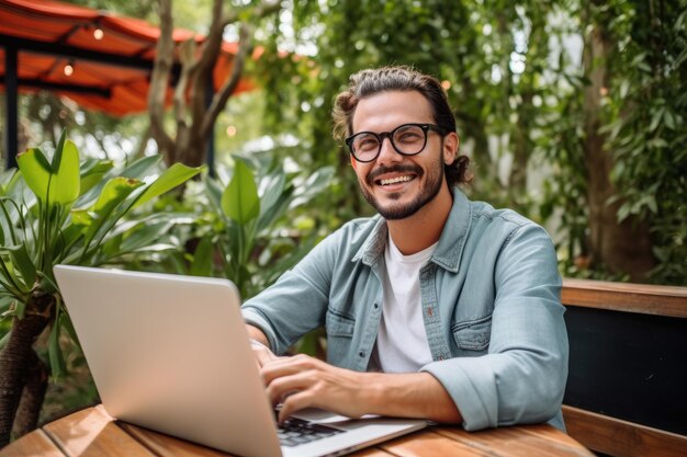 Homem usando computador no verão