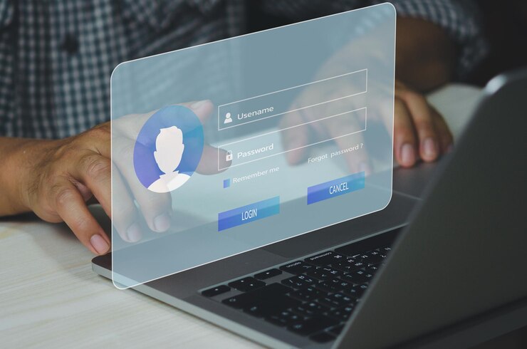 Foto homem usando computador portátil e inscreva-se ou faça login nome de usuário senha ecrã tátil virtualxa