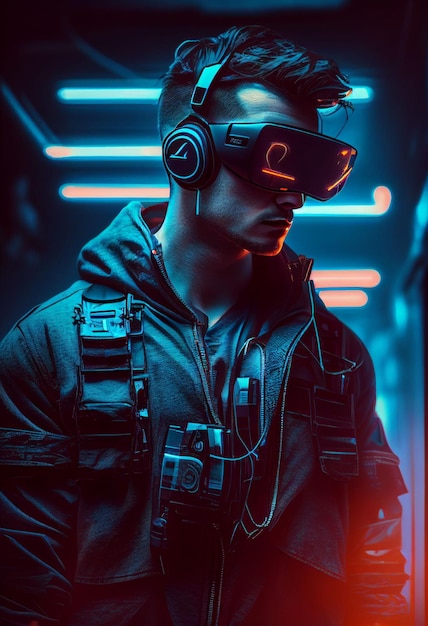 Homem usando dispositivo de realidade virtual jogando no mundo digital Criado com tecnologia Generative AI