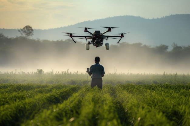 Homem usando drone para pulverizar pesticidas em plantações no campo agrícola