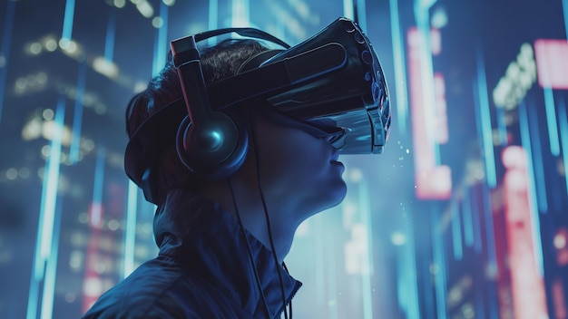 Homem usando fone de ouvido de realidade virtual azul inovação digital tecnologia do futuro VR disruptiva