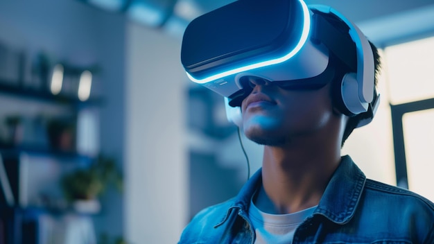 Homem usando fone de ouvido de realidade virtual Inovação Bluedigital tecnologia do futuro VR disruptiva