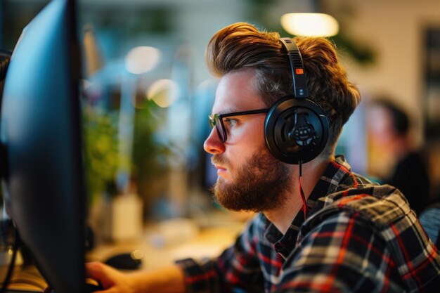 Homem usando fones de ouvido na mesa do computador