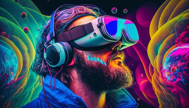 Homem usando ilustração colorida de óculos de realidade virtual generative ai