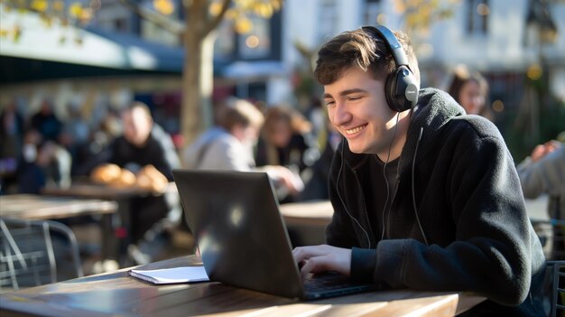 Homem usando laptop e fones de ouvido