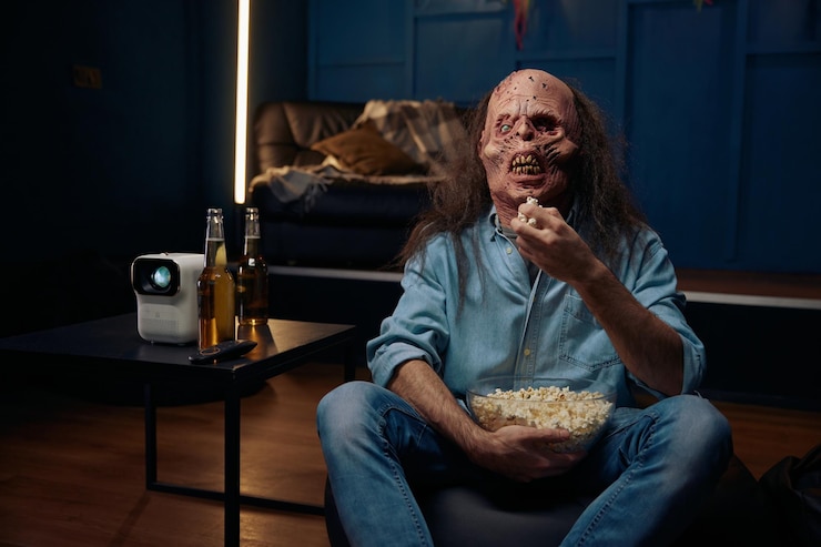 Foto homem usando máscara de monstro vendo filme no projetor com pipocas