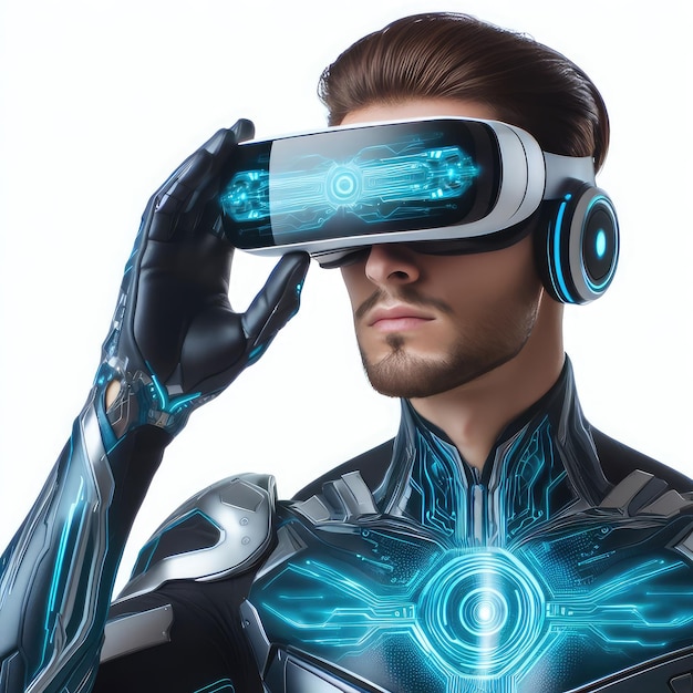 Foto homem usando óculos de realidade virtual de alta tecnologia futurista isolado em fundo branco