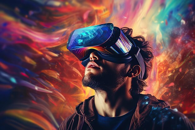 Homem usando óculos de realidade virtual em fundo espacial futurista