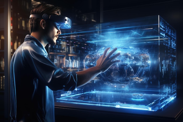 Homem usando óculos de realidade virtual Tecnologias do futuro mundo cibernético e Metaverse 3D futurista