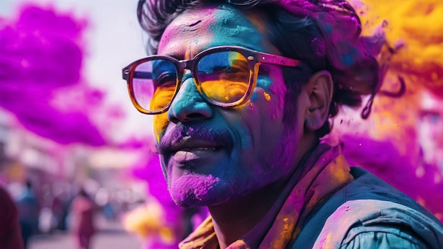 Homem usando óculos de sol elegantes com fundo Holi