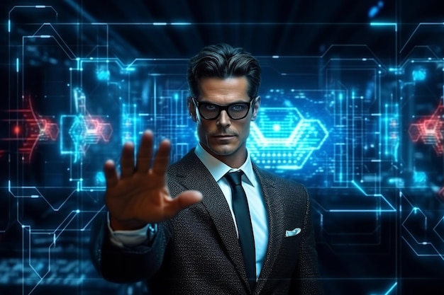 Foto homem usando óculos inteligentes tocando uma tela virtual