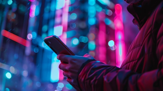 Homem usando smartphone móvel na cidade à noite com bokeh