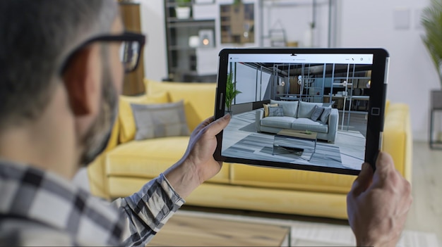 Foto homem usando software de ar em tablet para selecionar móveis 3d para decoração de sala de estar