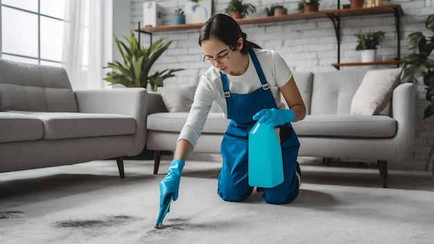 Homem usando spray químico para remover manchas do tapete no serviço de limpeza de tapetes