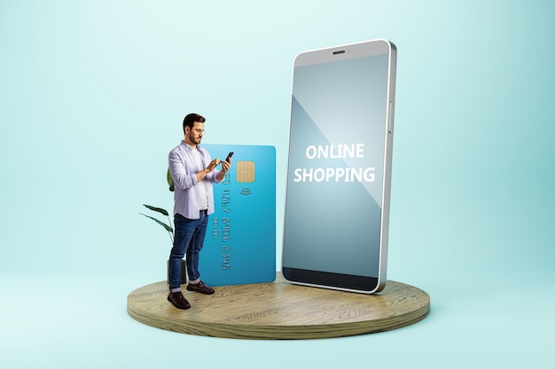 Homem usando telefone com cartão de crédito e smartphone para compras online