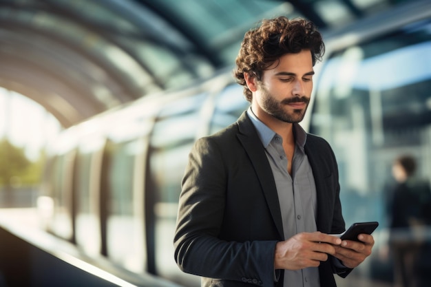 Homem usando telefone em ambiente urbano Mistura tecnologia com conceito de estilo de vida moderno