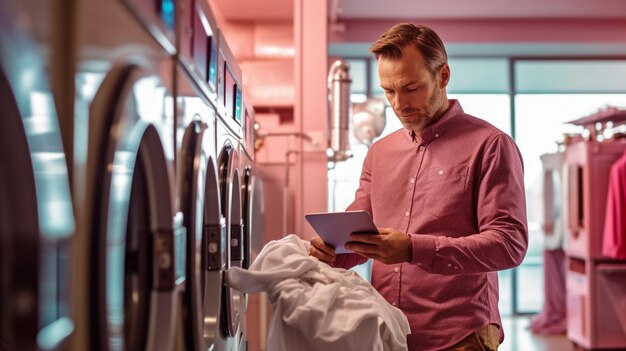 Homem usando um computador tablet enquanto lava a roupa IA generativa