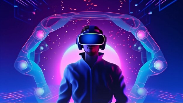 Homem usando um fone de ouvido de realidade virtual e jogando um jogo de realidade aumentada ia generativa