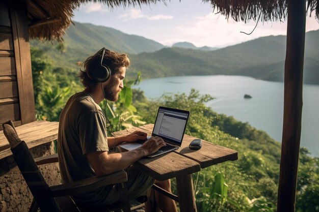 Foto homem usando um laptop com vista para as montanhas ao fundo.
