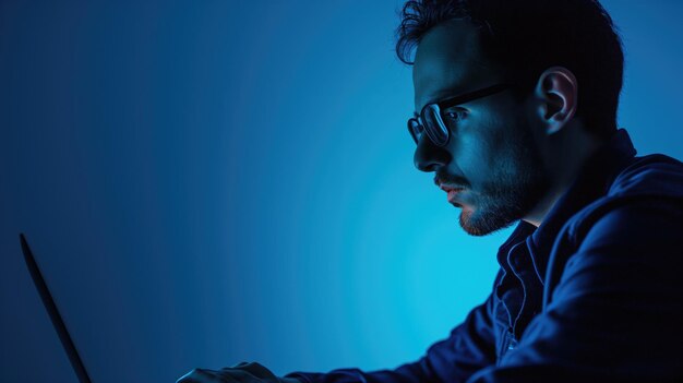 Homem usando um laptop em um quarto escuro com luz azul
