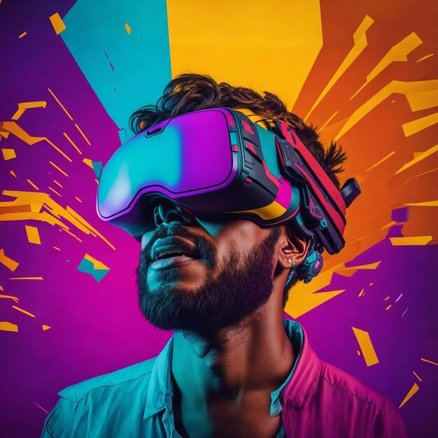 homem usando um óculos VR com fundo colorido