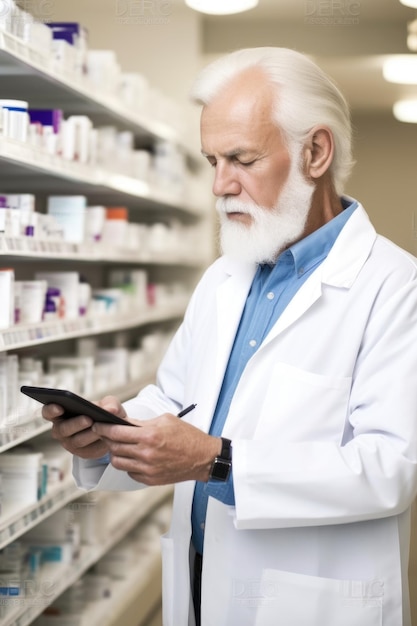 Homem usando um tablet digital enquanto está em sua farmácia criada com IA generativa
