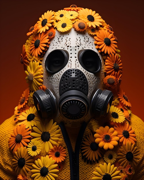 Foto homem usando uma máscara de gás estilo floral cercado por flores venenosas