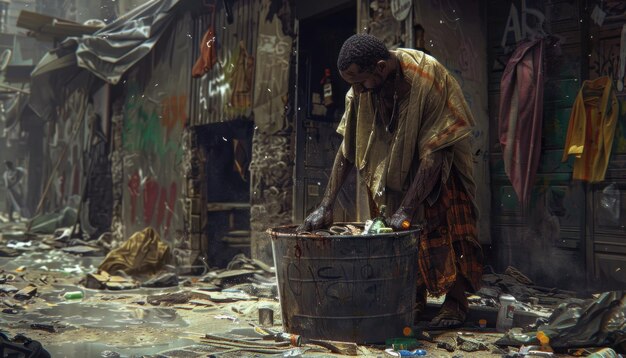 Homem vasculhando o lixo em uma favela urbana