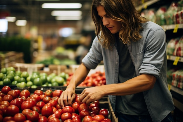 Homem vegano compra comida orgânica no supermercado