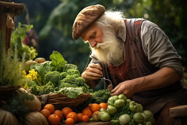 Homem velho cultivando vegetais e frutas orgânicas em seu jardim