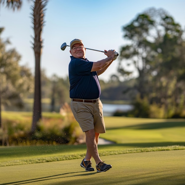 Homem velho de cabelos grisalhos com chapéu e óculos gosta de jogar golfe no campo