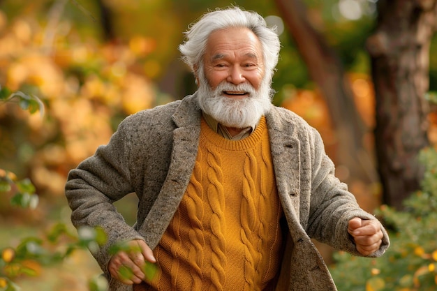 homem velho de casaco cinzento e camisola amarela corre na floresta com uma atitude feliz