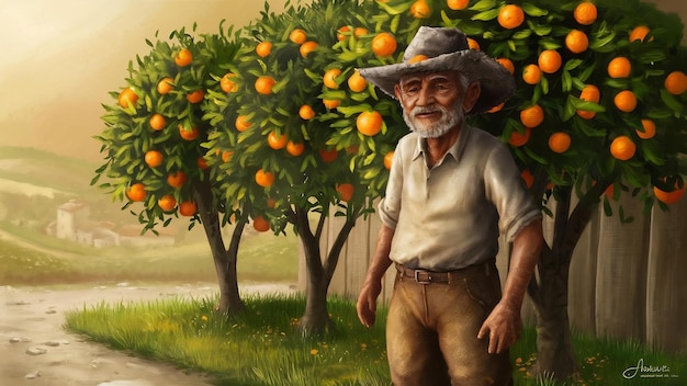 Foto homem velho de pé ao lado de suas árvores de laranja ao ar livre