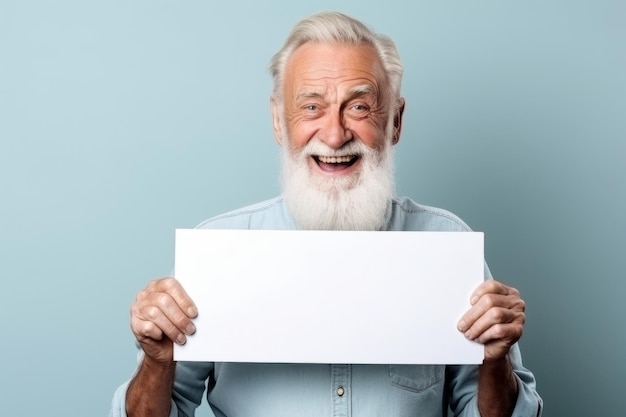 Homem velho feliz segurando uma bandeira branca em branco isolado retrato de estúdio