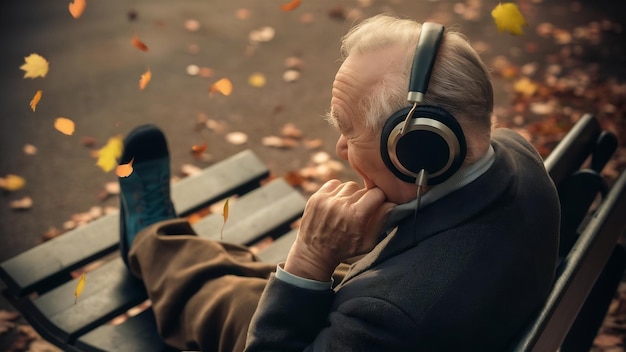 Homem velho ouvindo música com fones de ouvido