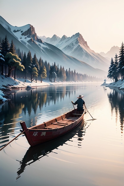 Homem velho pescando em um barco com casas, árvores, florestas e montanhas cobertas de neve ao lado do rio
