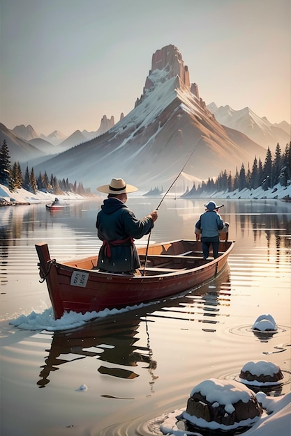 Homem velho pescando em um barco com casas, árvores, florestas e montanhas cobertas de neve ao lado do rio