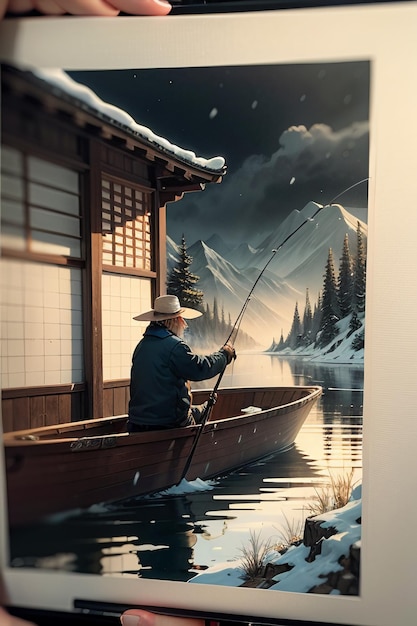 Foto homem velho pescando em um barco com casas, árvores, florestas e montanhas cobertas de neve ao lado do rio