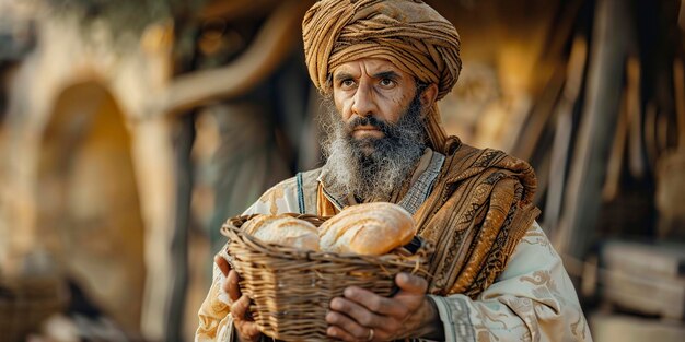 Homem velho segurando um cesto de pão