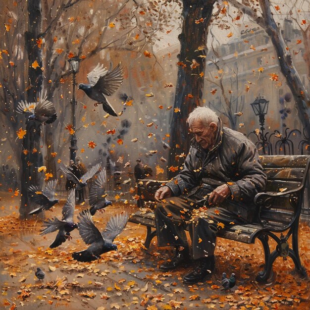 Homem velho sentado em um banco sob uma árvore cercado de pássaros e folhas