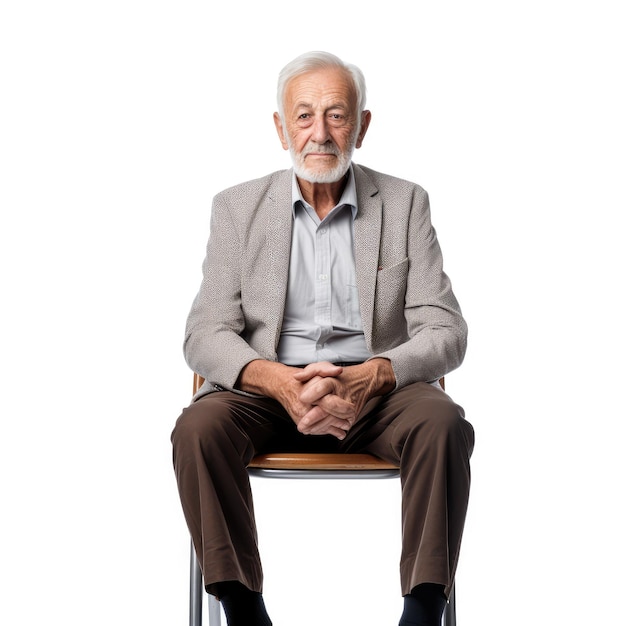 Foto homem velho sentado em uma cadeira isolado à espera de uma entrevista no dia da carreira linha de pessoas sentadas e à espera de um emprego