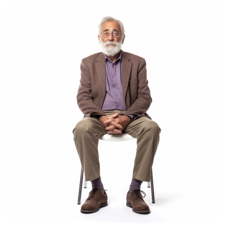 Foto homem velho sentado em uma cadeira isolado à espera de uma entrevista no dia da carreira linha de pessoas sentadas e à espera de um emprego