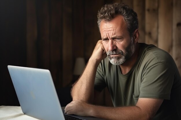 Foto homem velho triste olhando para a tela do laptop senta-se na mesa com um olhar frustrado